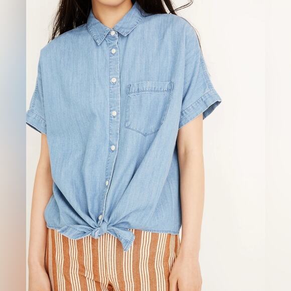 Madewell Tops - MADEWELL | Blue Denim Oversized Boxy Short-Sleeve Tie-Front Shirt | Small